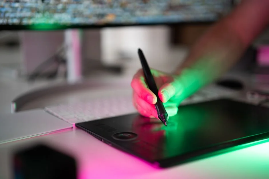 A modern workspace showing hands analyzing marketing data on a laptop and paper documents.